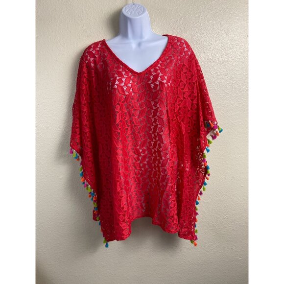 Susan Graver Red Poncho Coverup Tassel Sheer Top Women‎ Plus size 1X Rainbow - Picture 1 of 15
